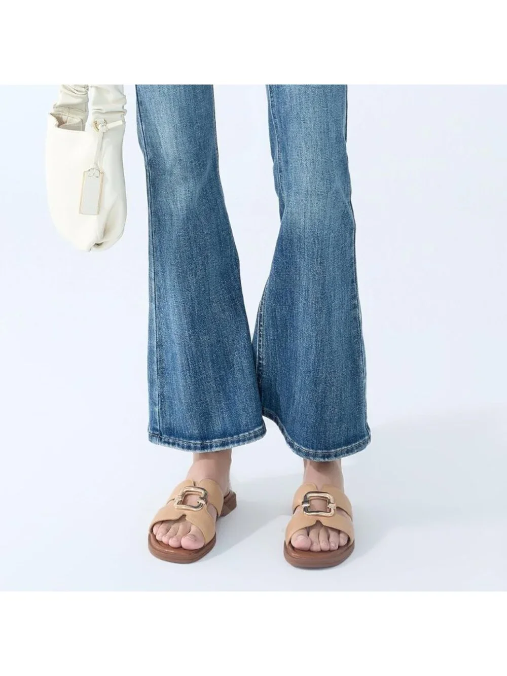 Women's Khaki Square Toe Flat Sandals Slides Dressy Comfortable for Beach